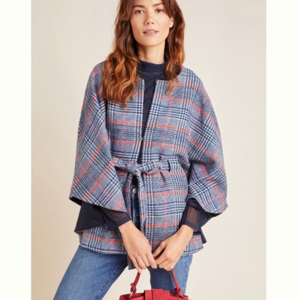 Anthropologie Blue and Red Plaid Cape